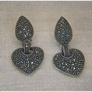 Judith Jack Sterling 925 Silver Marcasite Heart Omega Back Earrings